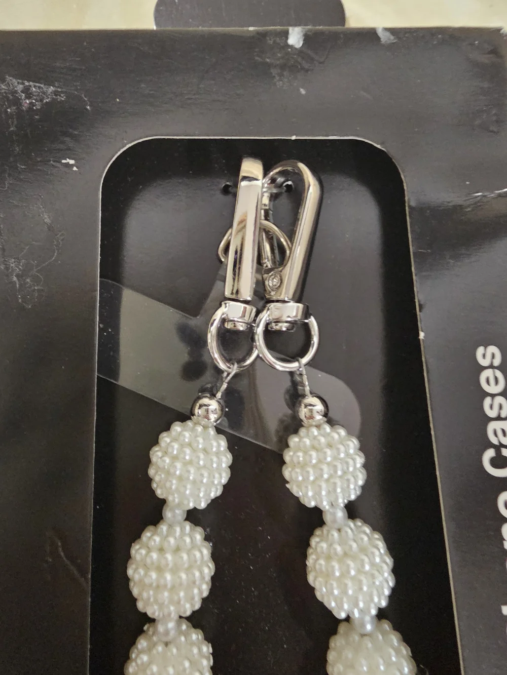 Lux White Beaded Phone Strap with Silver Clips